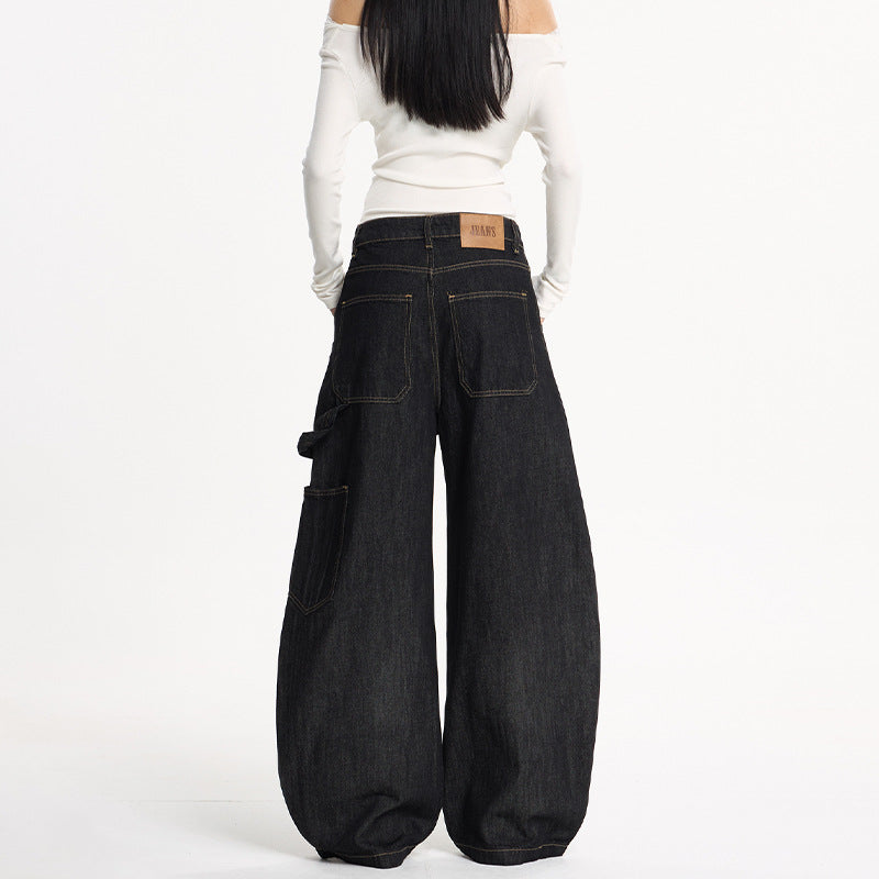 Damen Extraweite Denim-Palazzohose im Cargostil mit tiefem Schritt, Kontrastnähten und Utility‑Details Nord Taschen