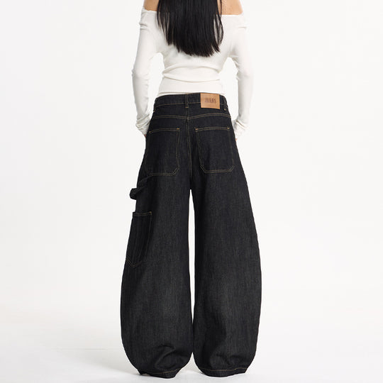Damen Extraweite Denim-Palazzohose im Cargostil mit tiefem Schritt, Kontrastnähten und Utility‑Details Nord Taschen