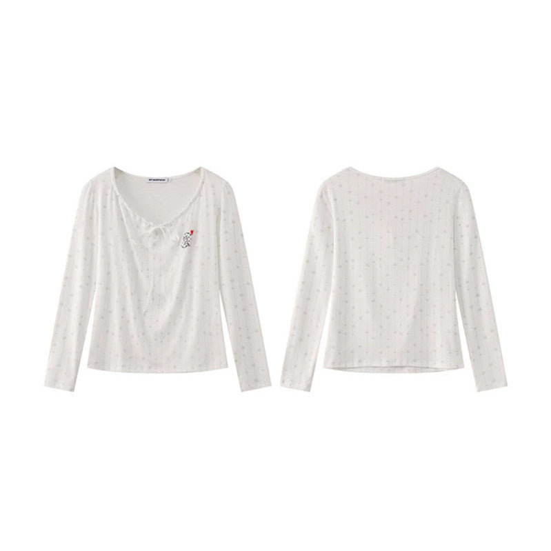 Damen Langarmshirt mit Schnürung am Ausschnitt, feinem Sternen-Jacquard und Herz-Emblem Nord Taschen