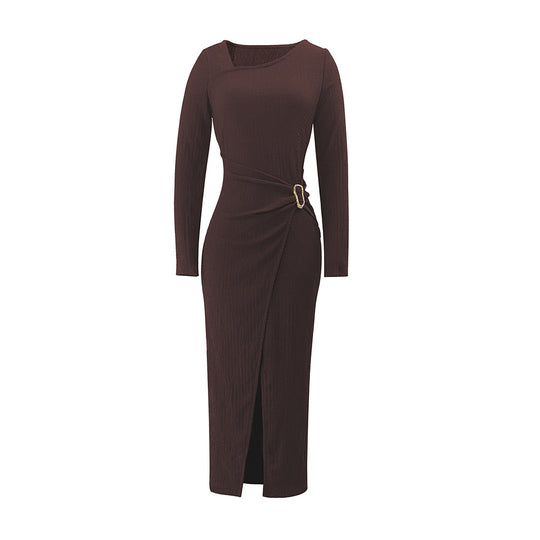 Damen asymmetrisches Wickel-Midikleid mit Ziergürtel, Drapierung und hohem Beinschlitz Nord Taschen