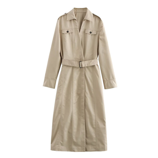 Damen Langer taillierter Trenchcoat mit Bindegürtel, Hemdkragen und Schulterpatten Nord Taschen