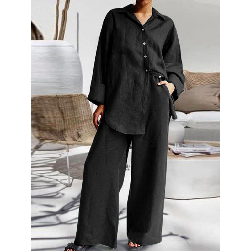 Damen Leinen-Lounge-Set mit weitem Hemd und Palazzo-Hose Nord Taschen