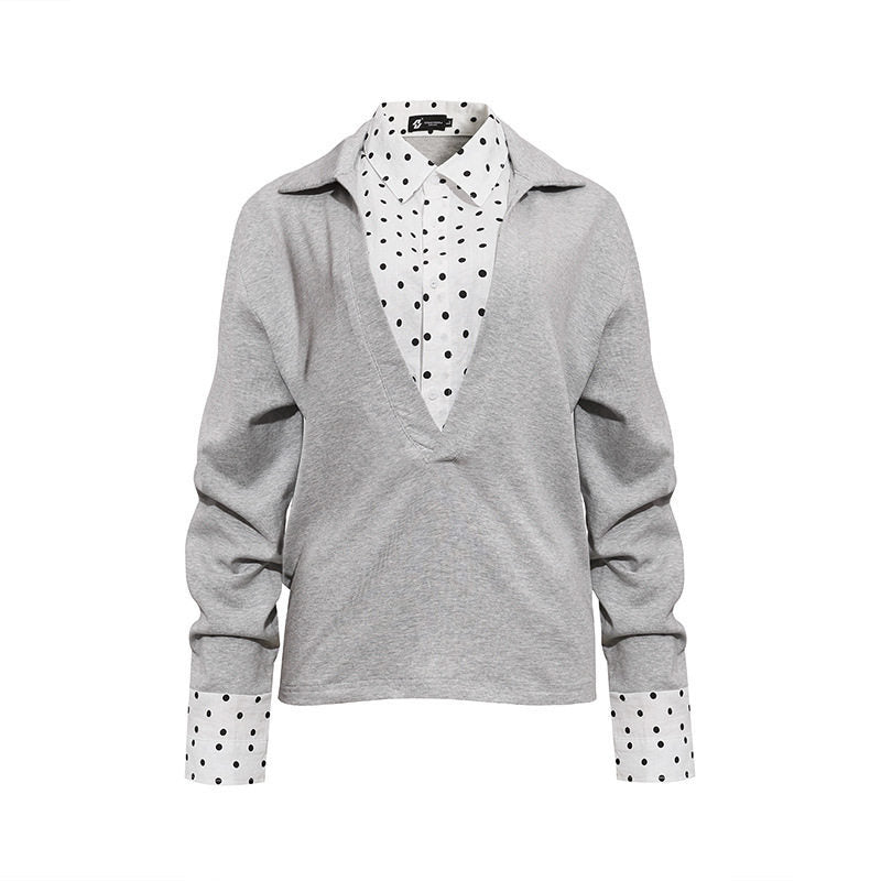Damen Lagen-Langarmshirt mit tiefem V-Ausschnitt, angenähter Hemdblende und Polka-Dot-Details Nord Taschen