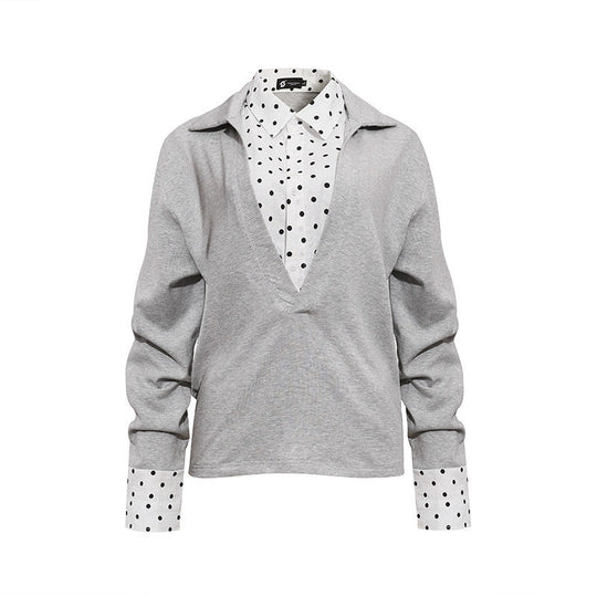 Damen Lagen-Langarmshirt mit tiefem V-Ausschnitt, angenähter Hemdblende und Polka-Dot-Details Nord Taschen