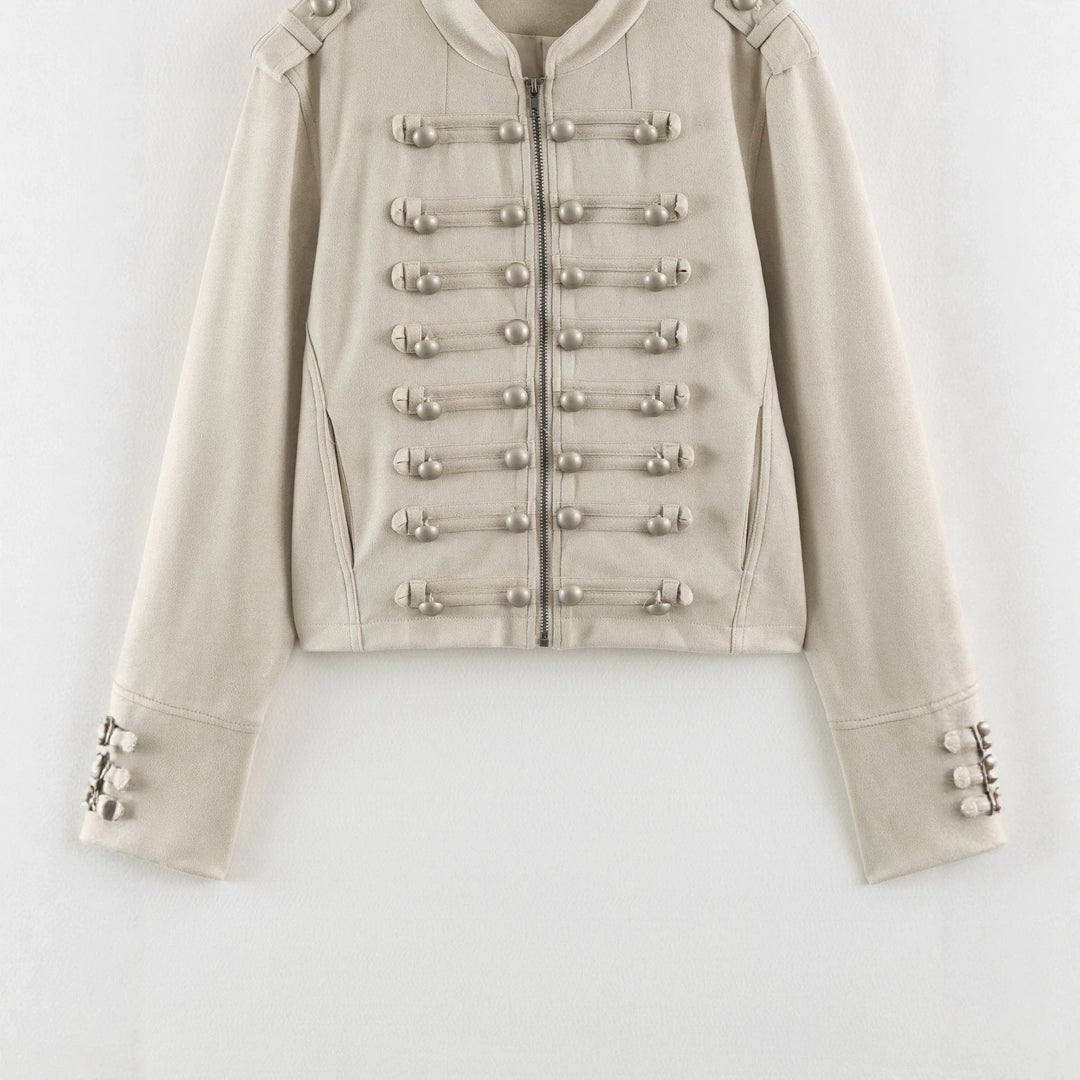 Damen Kurzblouson im Militärlook mit Zierknotenleisten und Stehkragen Nord Taschen