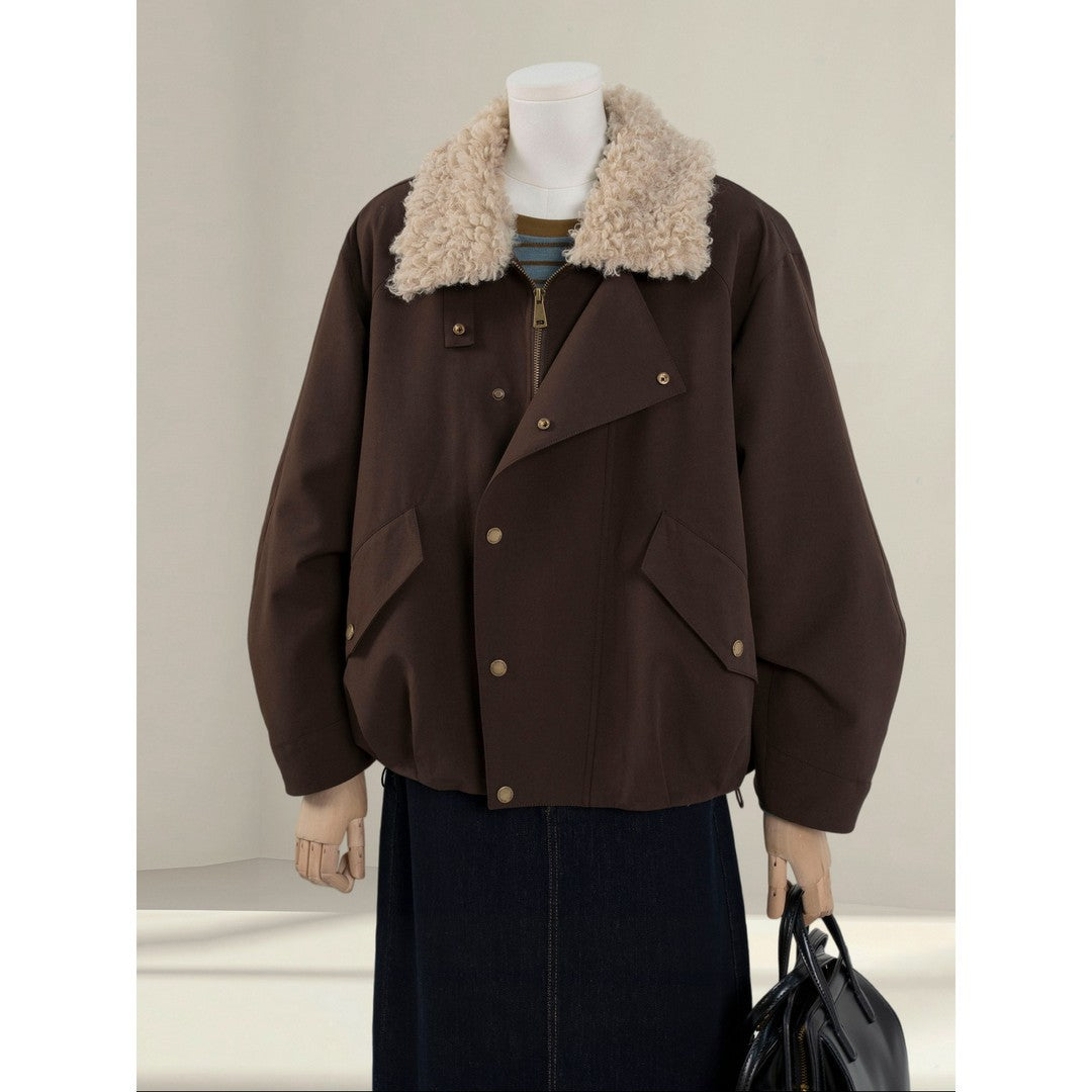 Damen Kurze Oversize-Bomberjacke mit Teddykragen und Druckknopfdetails Nord Taschen