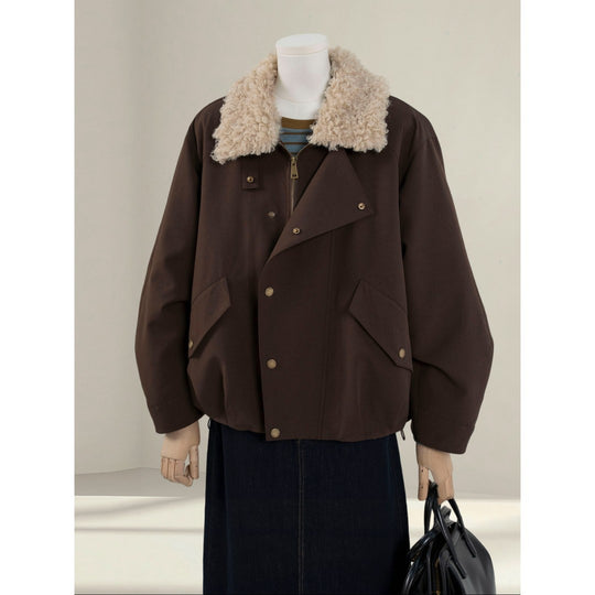 Damen Kurze Oversize-Bomberjacke mit Teddykragen und Druckknopfdetails Nord Taschen