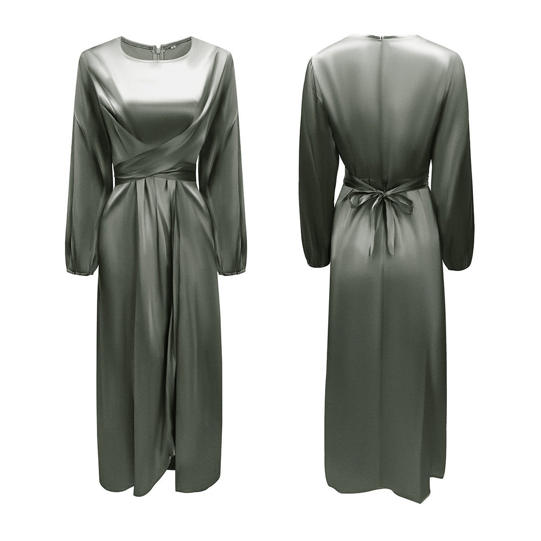 Damen Elegantes Maxikleid aus Satin mit Wickel-Detail, Langarm und Taillenband Nord Taschen