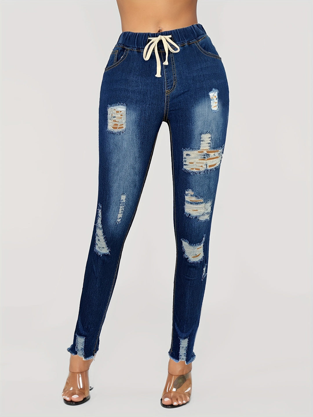 Damen Distressed High‑Waist Jogger-Jeans mit Gummibund, Bindeband und ausgefransten Knöchelabschlüssen Nord Taschen