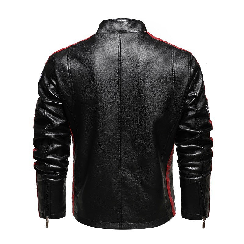 Herren Racing-Style Kunstlederjacke mit Aufnähern, Kontraststreifen und Stehkragen Nord Taschen