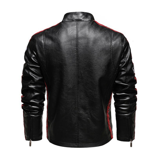 Herren Racing-Style Kunstlederjacke mit Aufnähern, Kontraststreifen und Stehkragen Nord Taschen