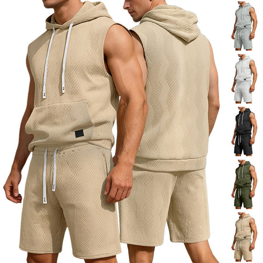 Herren nan ärmelloses Kapuzen-Lounge-Set aus strukturierter Baumwollmischung mit Kängurutasche und elastischer Freizeithose