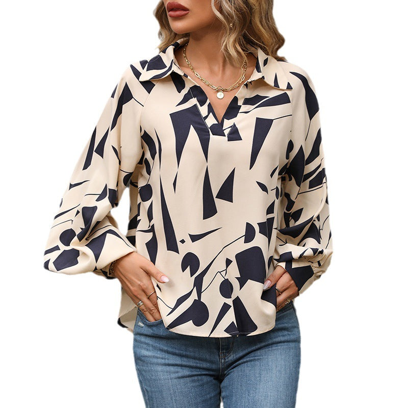 Damen Viskose-Bluse mit abstraktem Grafikprint, V-Ausschnitt & Ballonärmeln Nord Taschen