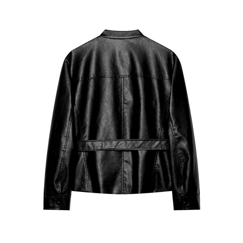 Damen Taillierter Kunstleder-Safari-Blouson mit Bindegürtel und Pattentaschen Nord Taschen