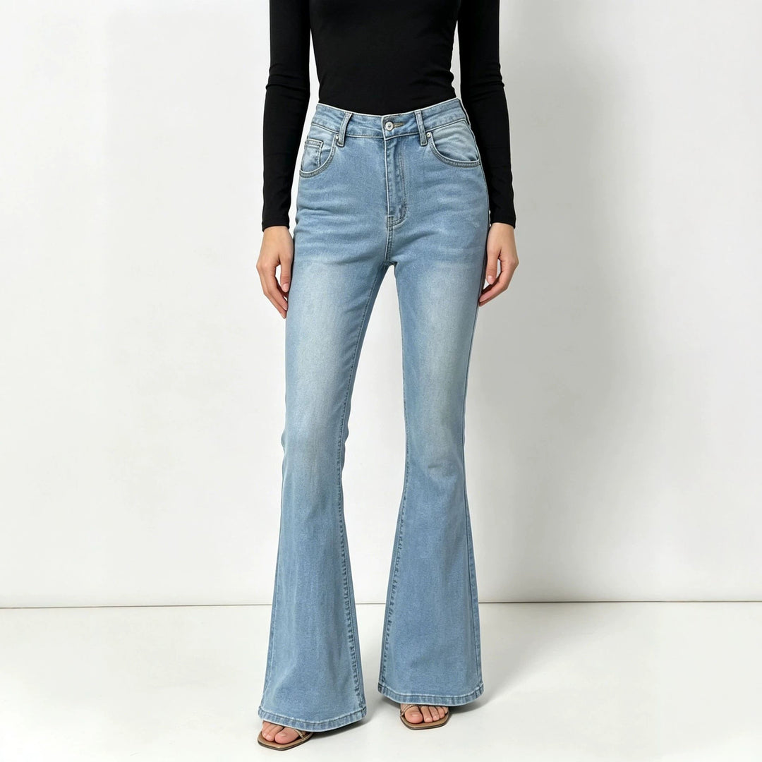 Damen hochgeschnittene Jeans mit schmaler Hüftpartie und weitem Schlag mit elastischem Bund Nord Taschen
