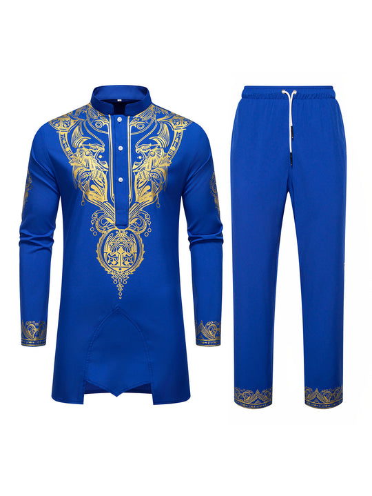 Herren Ornamentales Tunika-Set mit Stehkragen, Halbknopfleiste und goldverziertem Print Nord Taschen