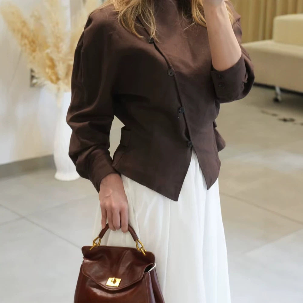 Damen Asymmetrische taillierte Bluse mit diagonaler Knopfleiste Nord Taschen