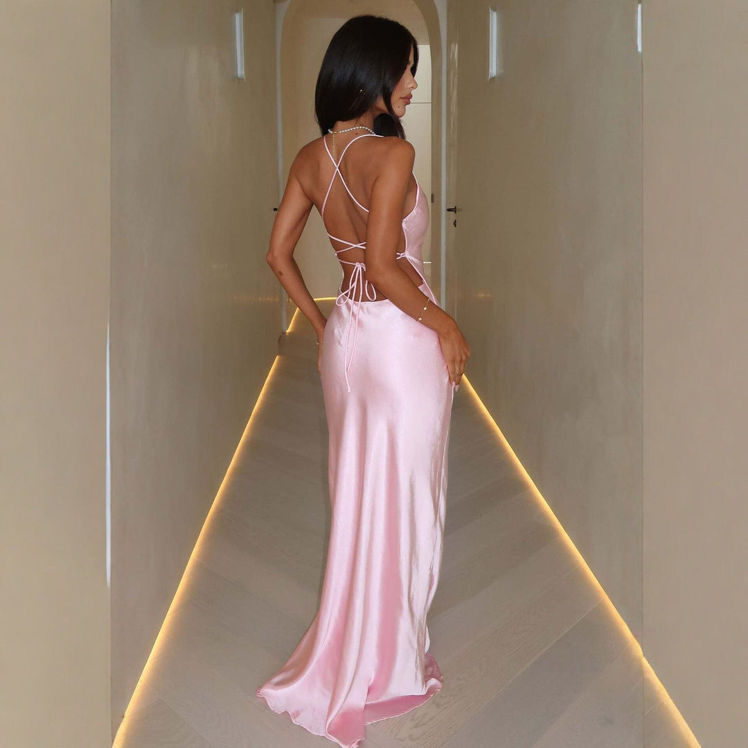 Damen Elegantes Satinabendkleid mit spaghettiträgern und fließendem Schnitt - Arvani