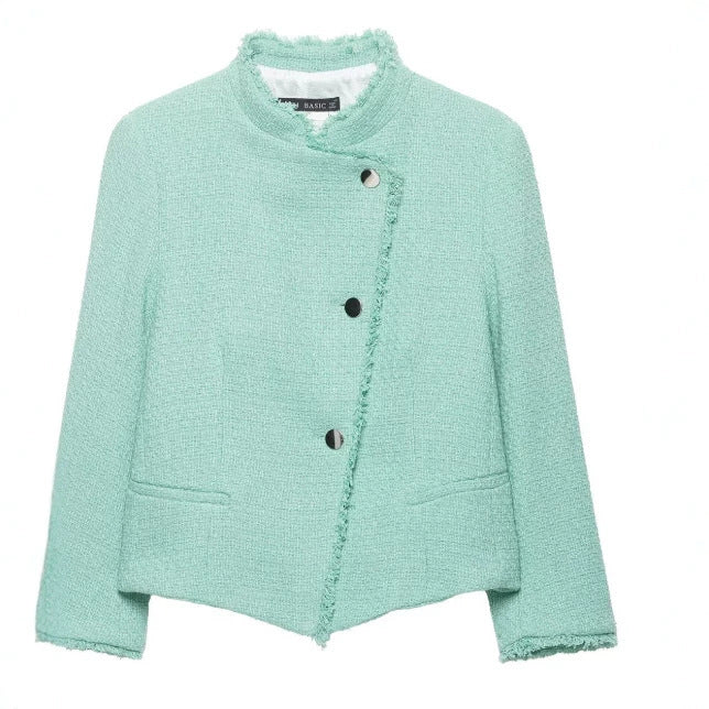 Damen Cropped Bouclé‑Jacke mit asymmetrischer Knopfleiste und Fransensaum Nord Taschen