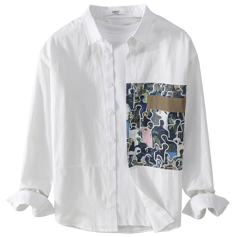 Herren Baumwollhemd mit großem Kunst-Print-Brustpatch und Kentkragen Nord Taschen