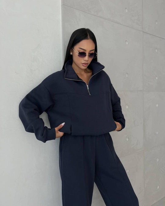 Damen Weiches Oversized Lounge-Set mit Troyer-Kragen, Eingrifftaschen und schmeichelhafter High-Waist Hose Nord Taschen