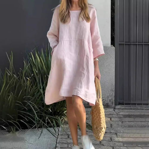Damen lässiges Leinenkleid mit praktischen Taschen und asymmetrischem Saum