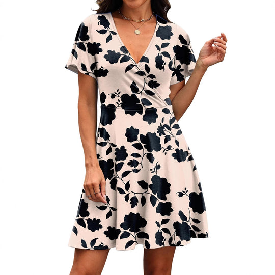 Damen Kurzärmeliges Wickelkleid mit floralen Mustern und V-Ausschnitt