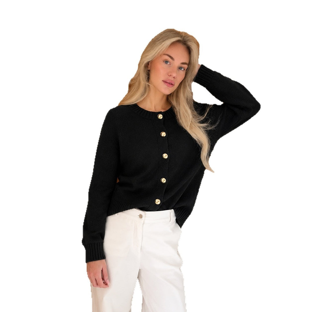 Damen kastiger Feinstrick-Cardigan mit goldfarbenen Zierknöpfen und gerippten Bündchen Nord Taschen