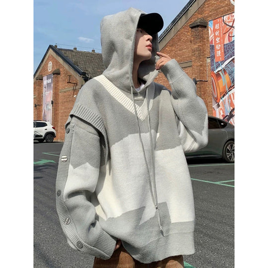 Herren Lässiger Oversized Pullover mit Knopfleiste Nord Taschen