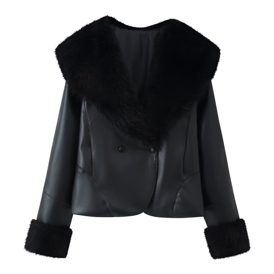 Damen Kurzjacke aus Kunstleder mit voluminösem Faux-Fur-Kragen und Fellmanschetten Nord Taschen