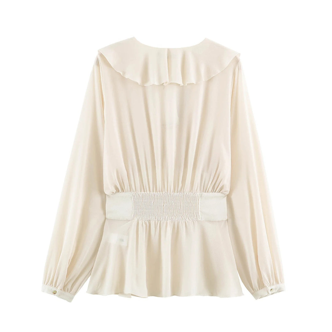 Damen Filigrane V‑Neck‑Bluse mit Volantkragen, taillierter Bundpasse und Ballonärmeln Nord Taschen