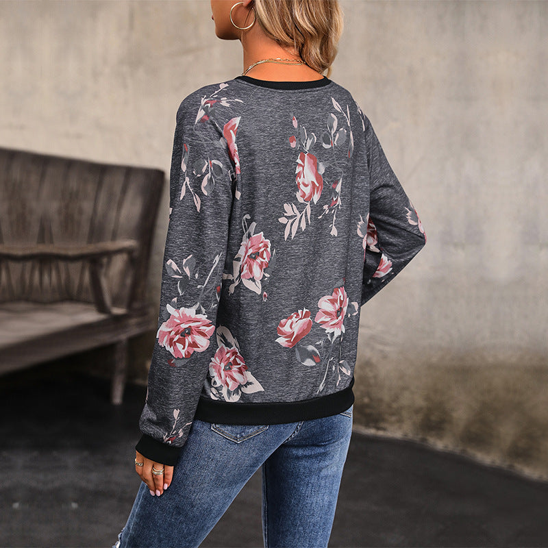 Damen Lässiges Raglan-Sweatshirt mit floralem Vintage-Muster und gerippten Bündchen Nord Taschen