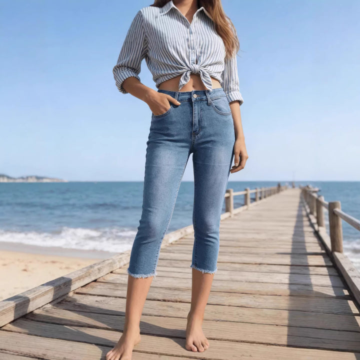 Damen schmale knöchellange Jeans mit rohem Fransenabschluss und mittelhoher Taille Nord Taschen