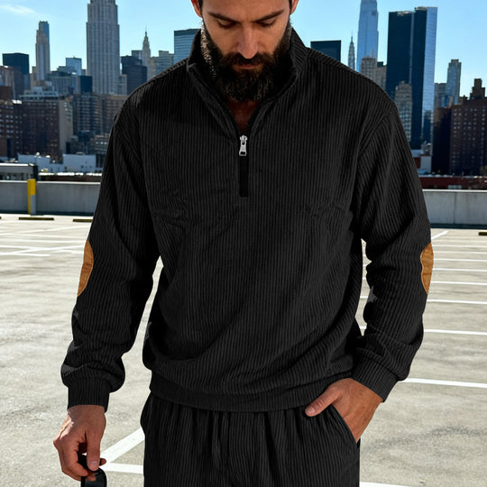 Herren Cord-Struktur-Halbzip-Pullover im Relaxed-Fit mit Stehkragen und Ellbogen-Patch Nord Taschen
