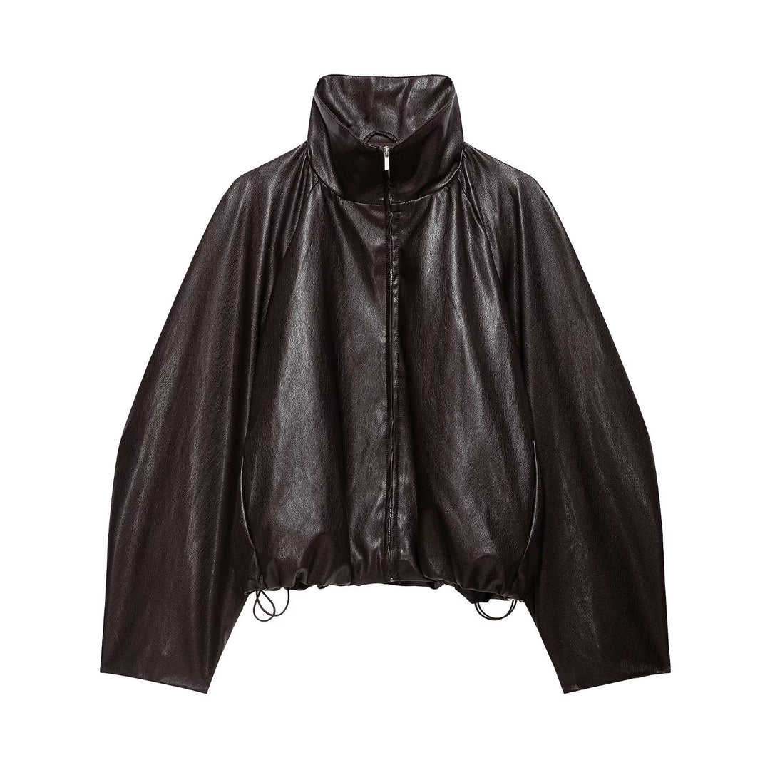 Damen Oversize Jacke im Lederlook mit hohem Funnelkragen, Raglanärmeln und Tunnelzugsaum Nord Taschen