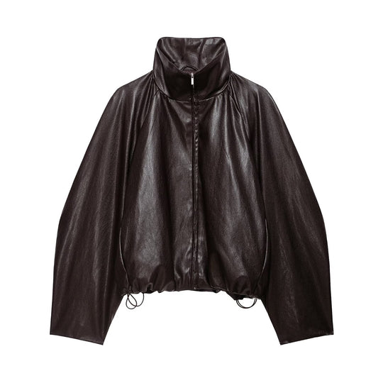 Damen Oversize Jacke im Lederlook mit hohem Funnelkragen, Raglanärmeln und Tunnelzugsaum Nord Taschen
