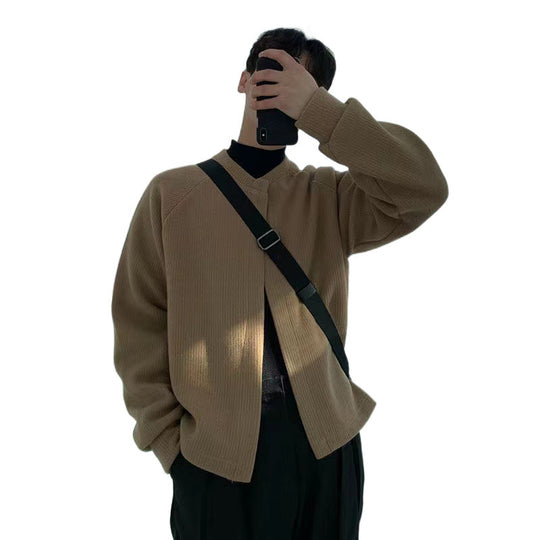 Herren Kragenloser Boxy-Rippenstrick-Cardigan mit verdeckter Druckknopfleiste Nord Taschen