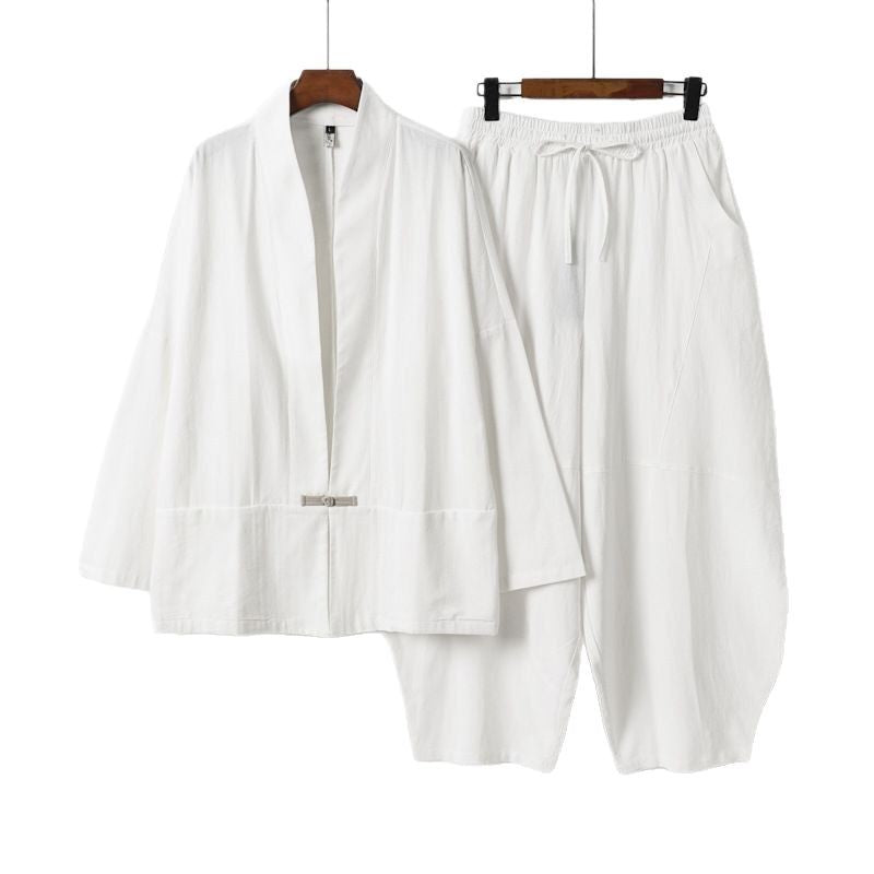 Herren Kimono-Loungewear-Set mit kurzem Schalkragen und weiten Harem-Bundhosen Nord Taschen