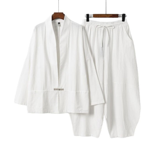 Herren Kimono-Loungewear-Set mit kurzem Schalkragen und weiten Harem-Bundhosen Nord Taschen