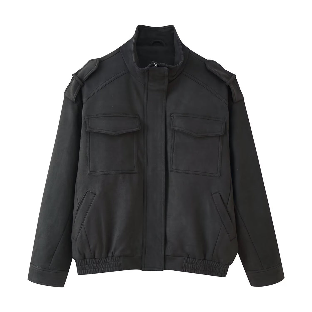 Damen Utility-Bomberjacke mit Schulterklappen, Stehkragen und aufgesetzten Pattentaschen Nord Taschen