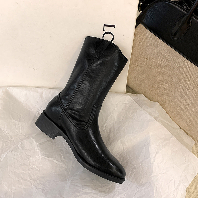 Damen Mid-Calf Western-Stiefel aus Glattleder mit niedriger Blockabsatz Nord Taschen