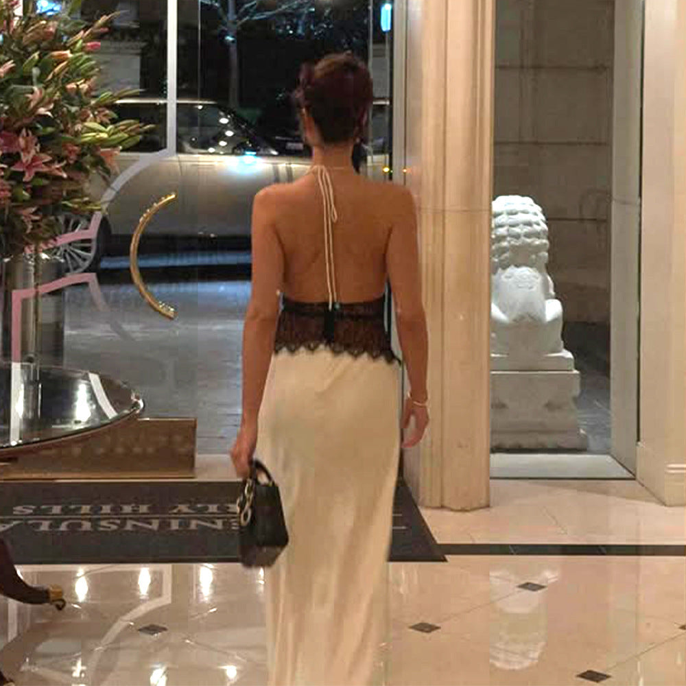 Damen Elegantes Maxikleid mit tiefem V-Ausschnitt und zarter Spitzenverzierung