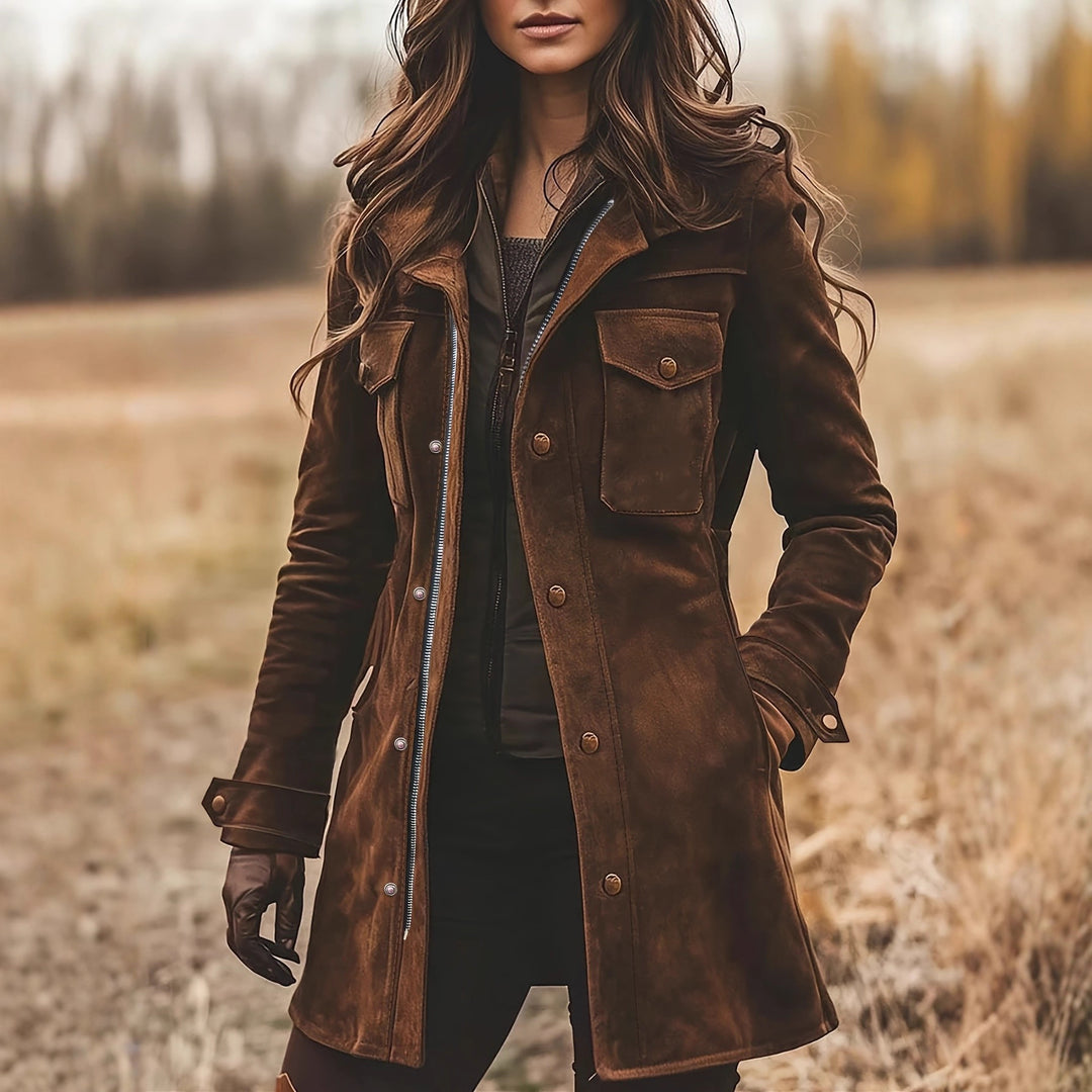 Damen Langjacke aus Veloursleder mit Utility-Taschen und verdecktem Reißverschluss Nord Taschen
