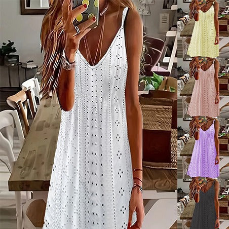 Damen Ärmelloses Sommerkleid mit dekorativem Lochmuster und V-Ausschnitt