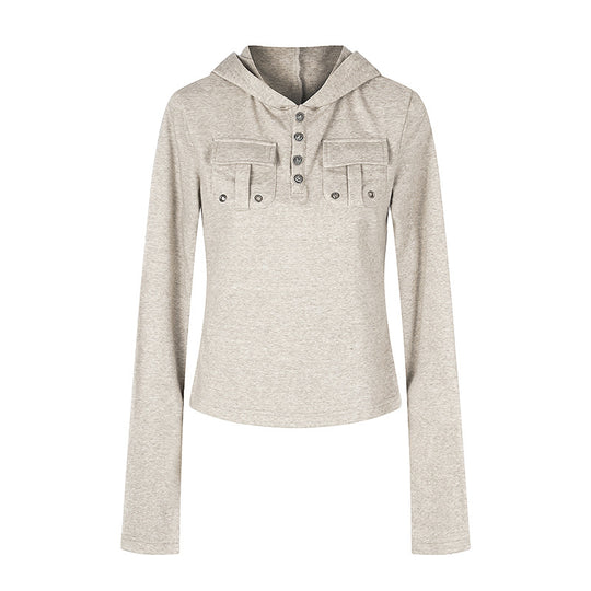 Damen Leichtes Kapuzen-Langarmshirt mit Henley-Knopfleiste und aufgesetzten Brusttaschen Nord Taschen