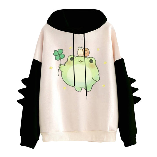 Damen nan Kapuzenpullover mit niedlichem Frosch-Motiv, Kängurutasche und volumigen Ärmelapplikationen Nord Taschen