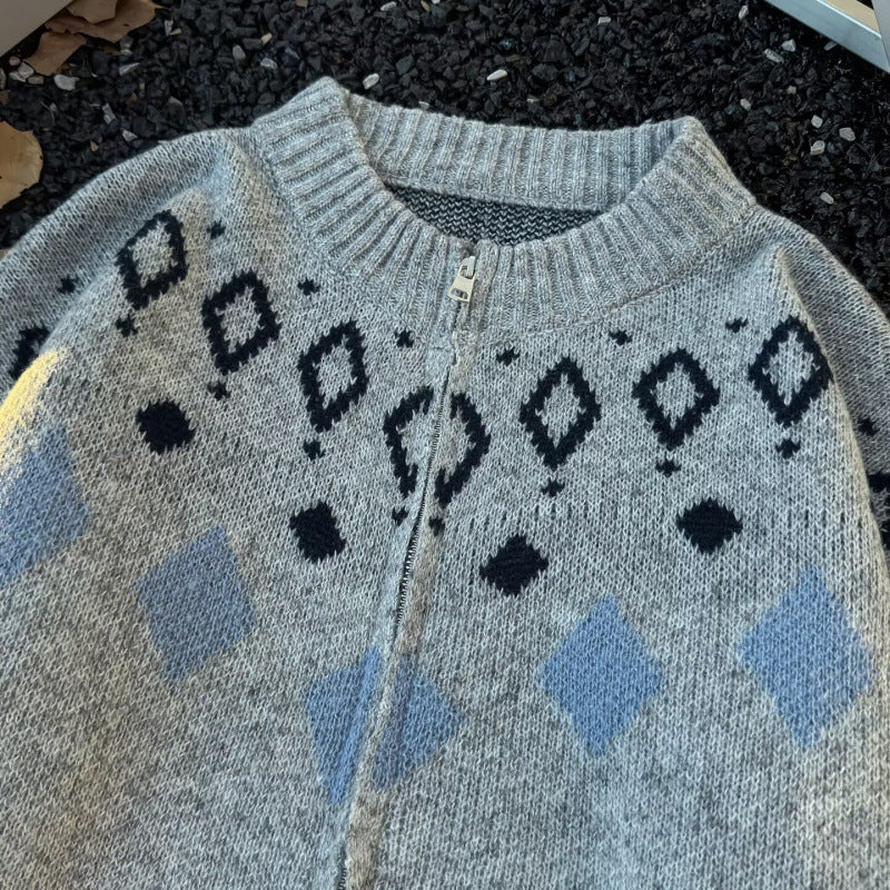 Unisex Grobgestrickte Norweger-Cardigan mit Rundhals, durchgehendem Reißverschluss und Jacquard‑Yoke Nord Taschen