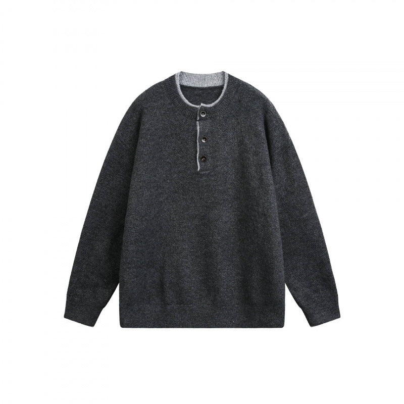 Unisex Grobgestrickter Henley-Pullover mit halber Knopfleiste und geripptem Ausschnitt Nord Taschen