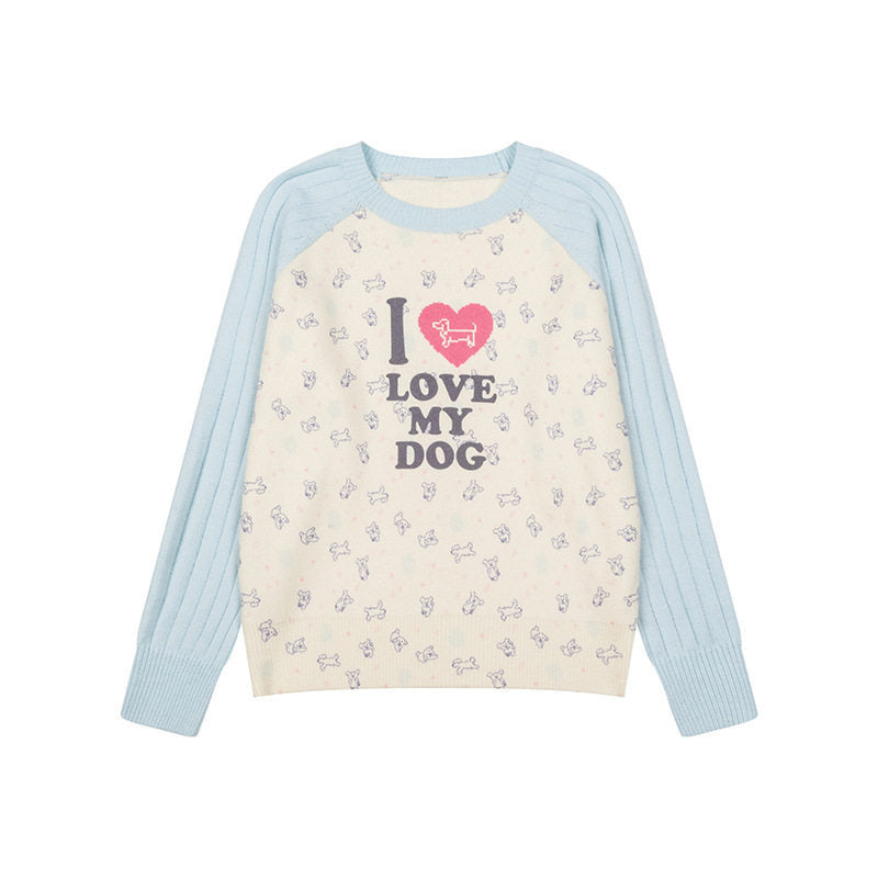 Damen Gestrickter Raglanpullover mit Herz‑Hundemotiv, Rippärmeln und Allover-Print Nord Taschen
