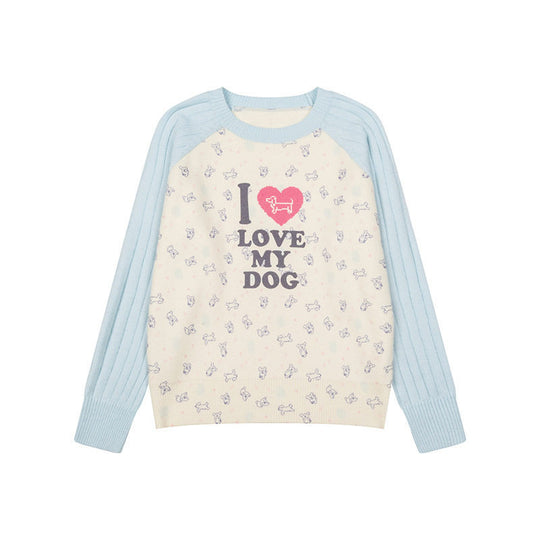 Damen Gestrickter Raglanpullover mit Herz‑Hundemotiv, Rippärmeln und Allover-Print Nord Taschen